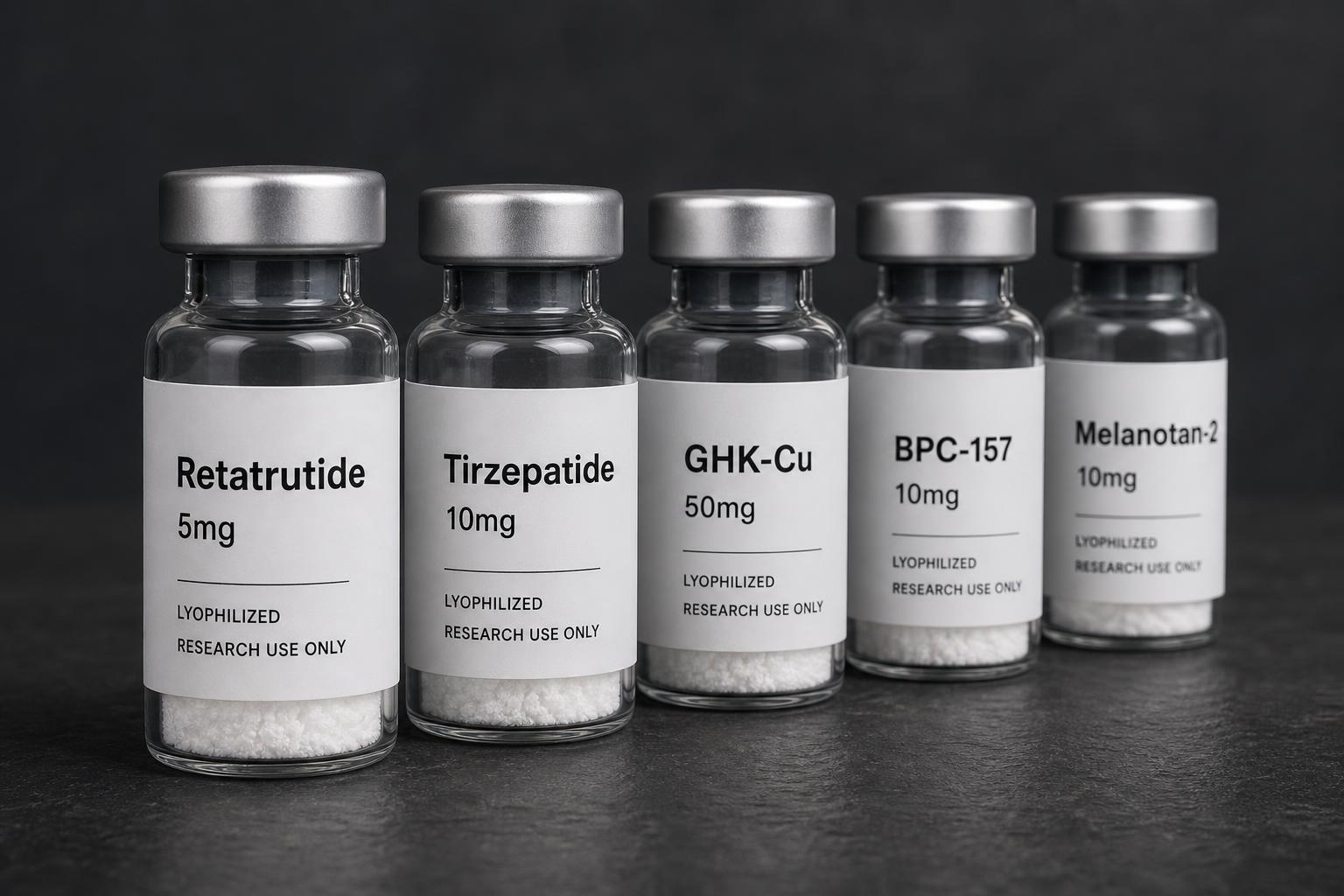 Rad av APEXIA PEPTIDES glasflaskor med vitt lyofiliserat pulver
